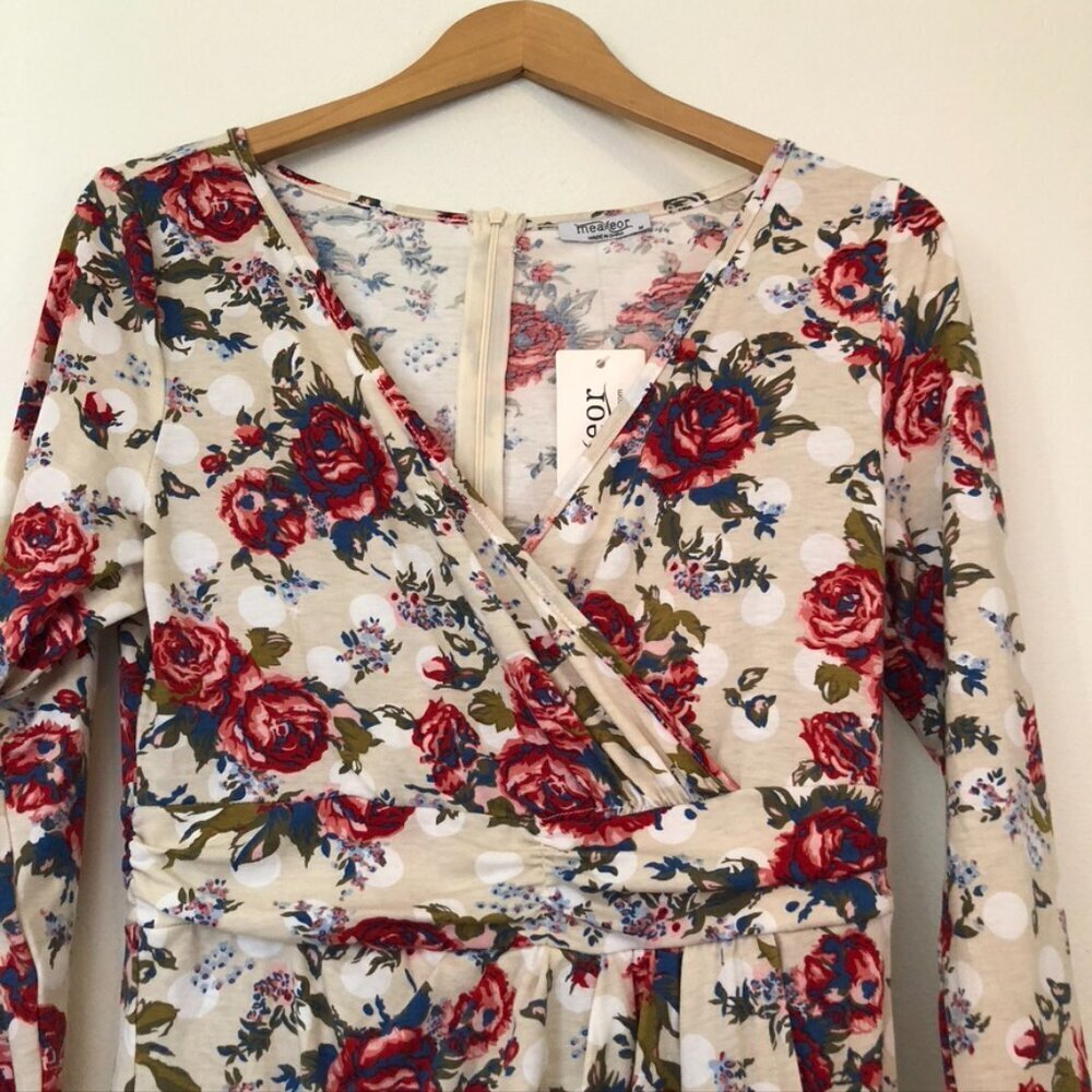 NEW NWT MEAVEOR Beige White Red Blue Floral Polka Dot Faux Wrap Dress Medium M - Picture 2 of 10